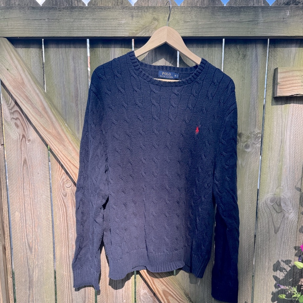 Ralph Lauren Navy Cable Knit Sweater with Red Pony